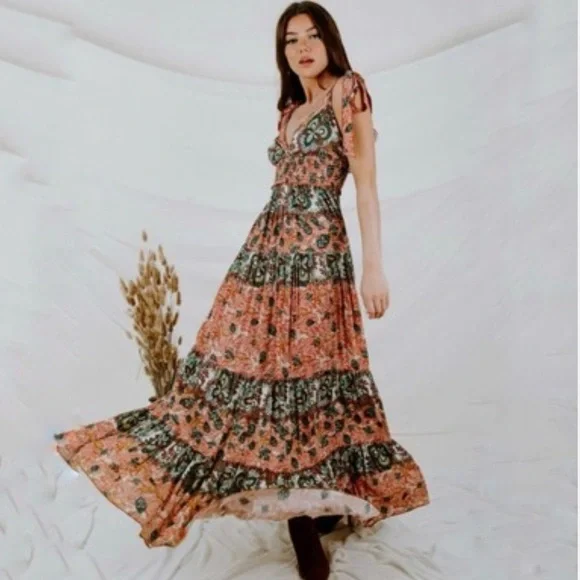 Free People Let’s Smock About It Boho Tiered Mixed Print Maxi Dress Size Small - Picture 4 of 14